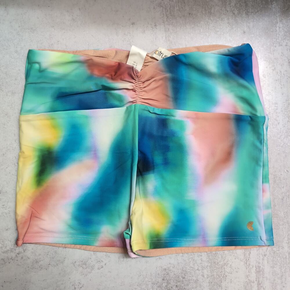 NWT Citrus Tie Dye Blue Pink Yellow Peach Ruched Waistband Swim Boy Shorts Large